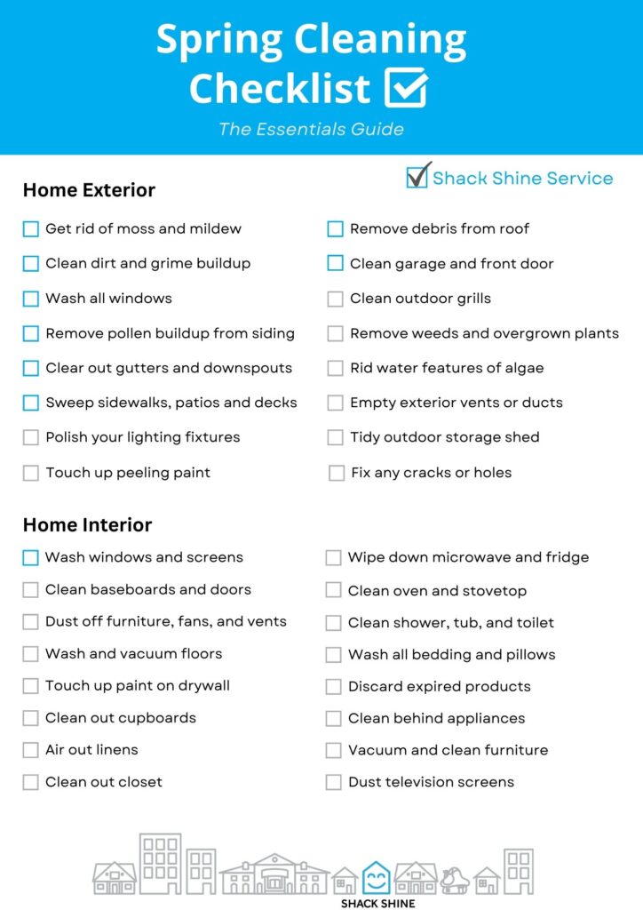 Spring Cleaning Checklist for all areas of your home from Exterior Home Cleaning to Interior Home Cleaning. 